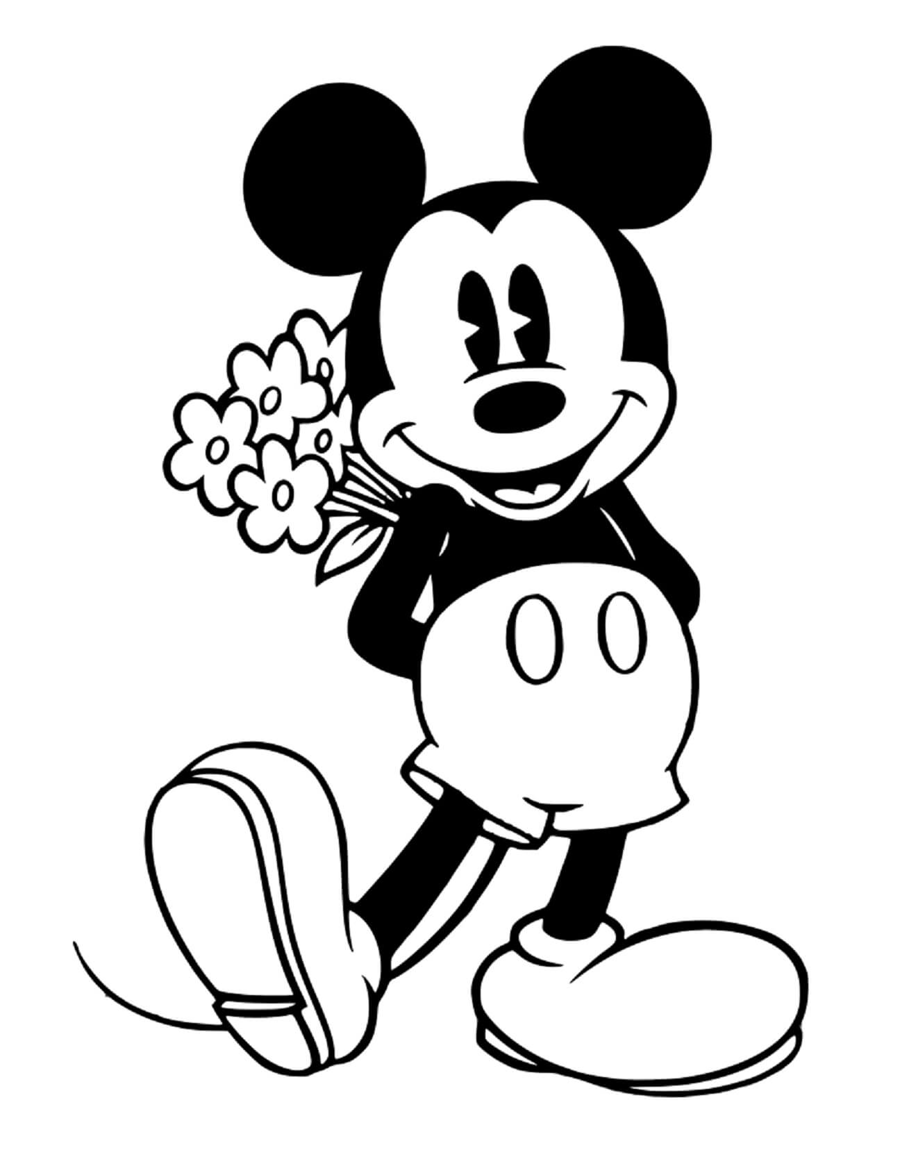 Dibujo de Mickey Felizmente Sosteniendo un Ramo para Colorear
