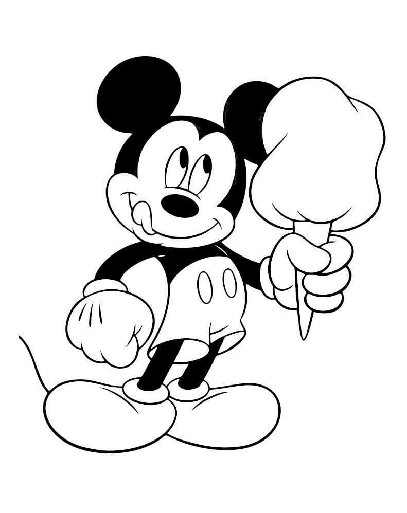 Dibujo de Mickey Mouse Sosteniendo Algodon de azúcar para Colorear