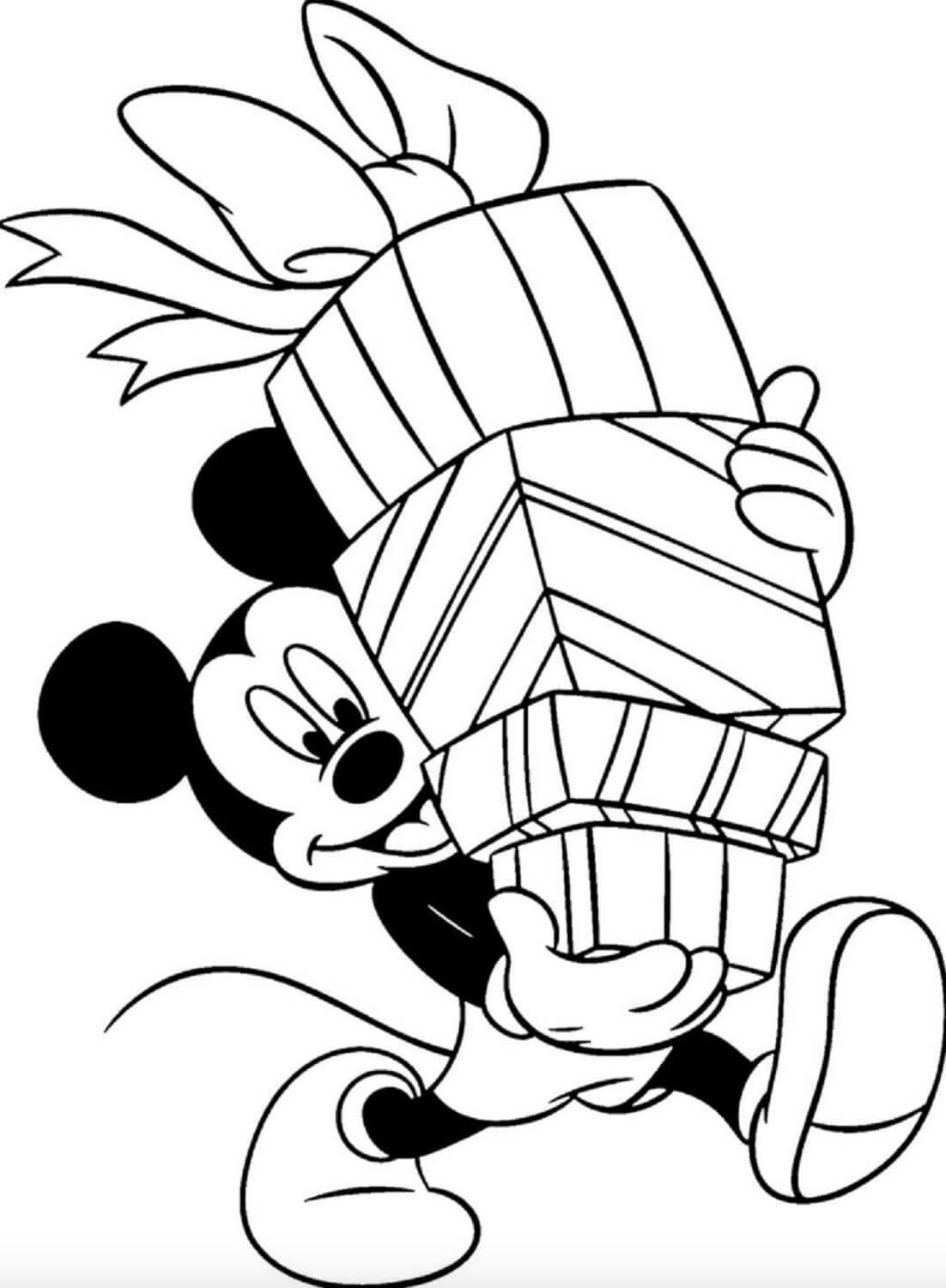 Dibujo de Mickey Mouse Sosteniendo Cajas de Regalo para Colorear