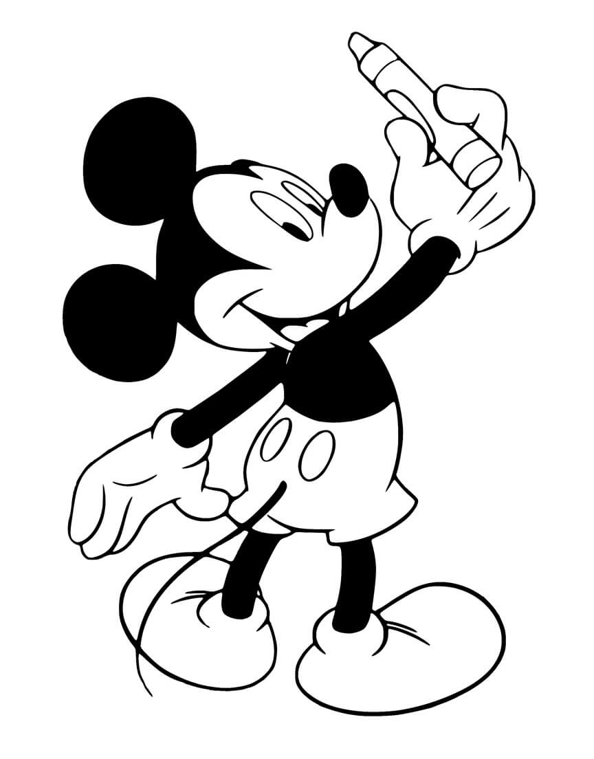 Dibujo de Mickey Mouse Sosteniendo Crayones para Colorear