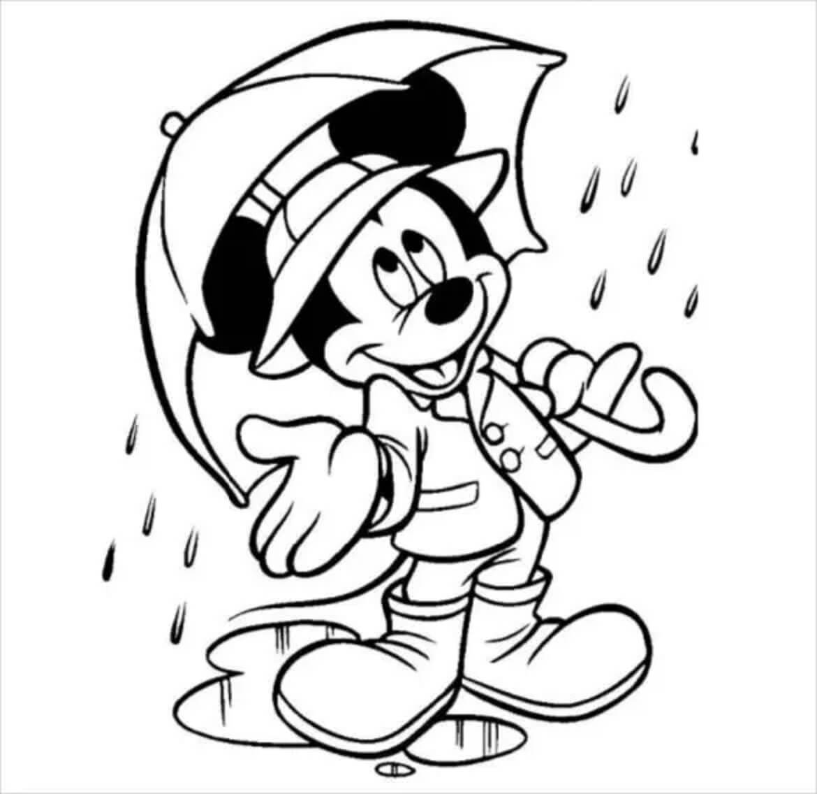 Dibujo de Mickey Mouse Sosteniendo un Paraguas Bajo la Lluvia para Colorear