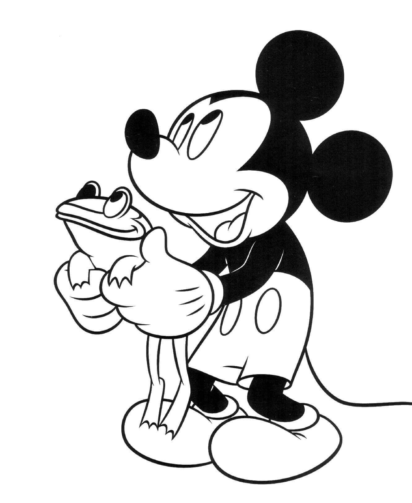 Dibujo de Mickey Mouse Sosteniendo Rana para Colorear