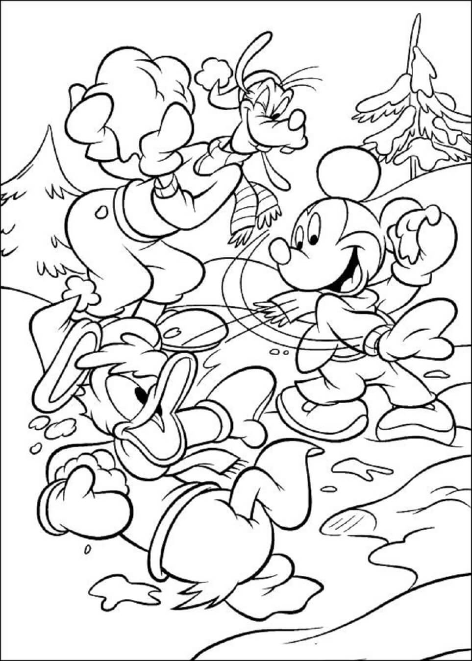 Dibujo de Mickey Mouse y Sus Amigos Jugando a la Bola de Nieve para Colorear
