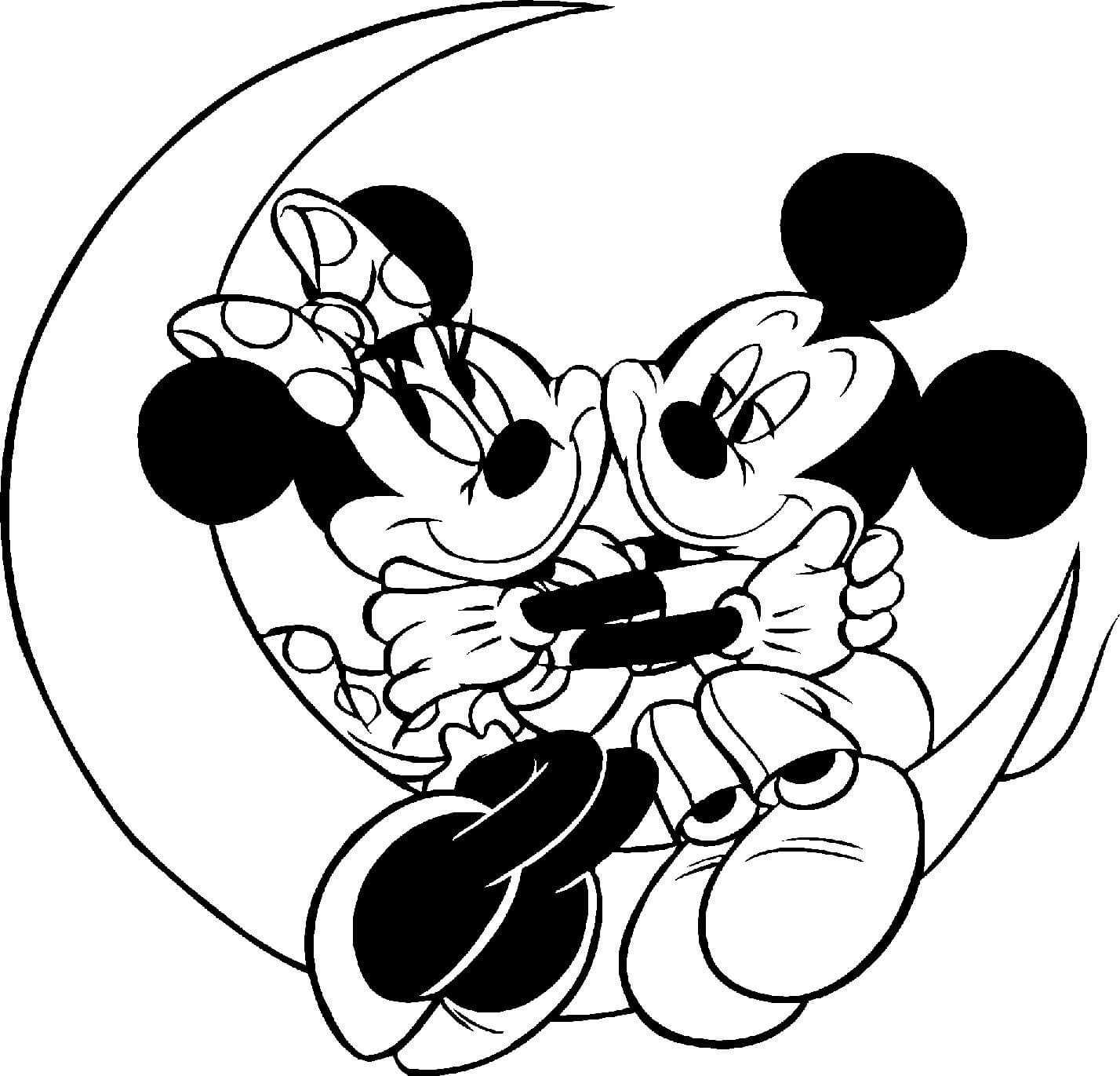 Dibujo de Mickey y Minnie Mouse en la Luna para Colorear