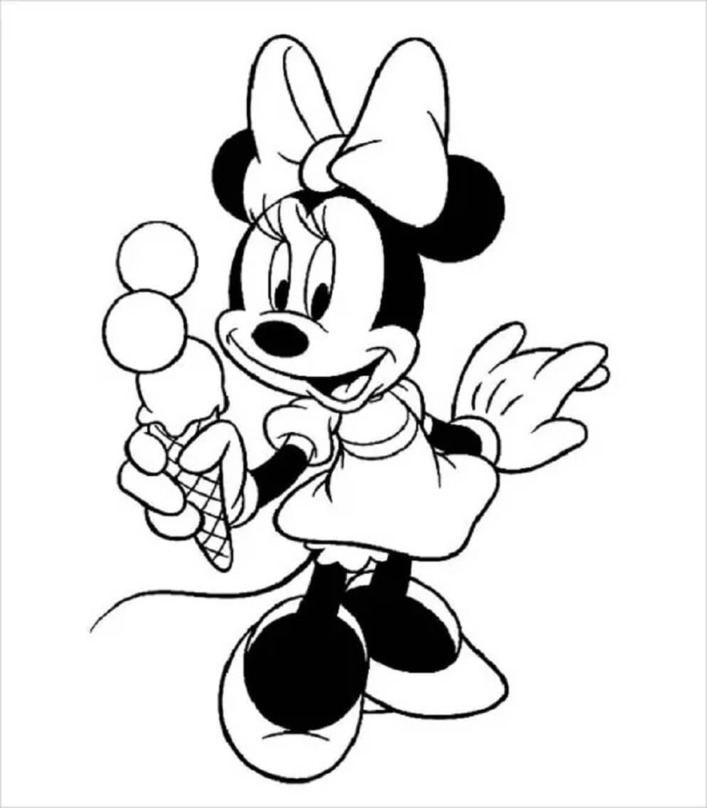 Dibujo de Minnie Mouse Divertida con Helado para Colorear