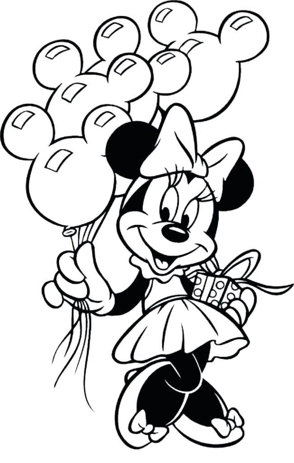 Dibujo de Minnie Mouse con Caja de Regalo y Globos en Navidad para Colorear