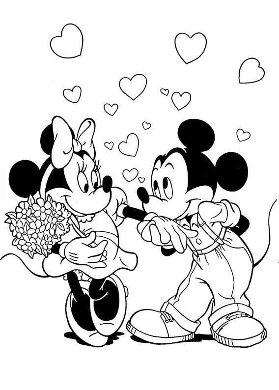 Dibujo de Minnie Sosteniendo un Ramo de Flores y Mickey Mouse para Colorear