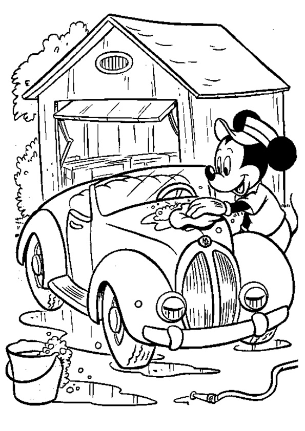 Dibujo de Mickey ratón Lavando un Coche para Colorear