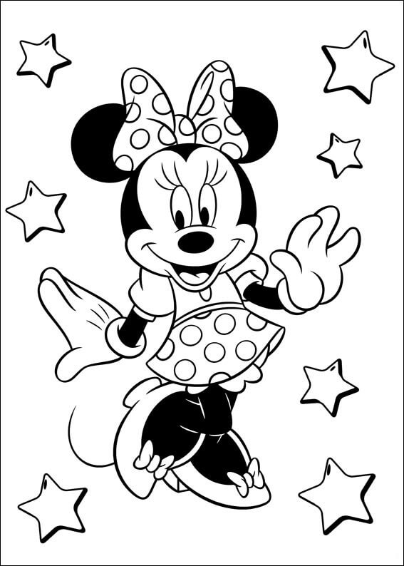 Dibujo de Divertida Minnie Mouse con Estrellas para Colorear