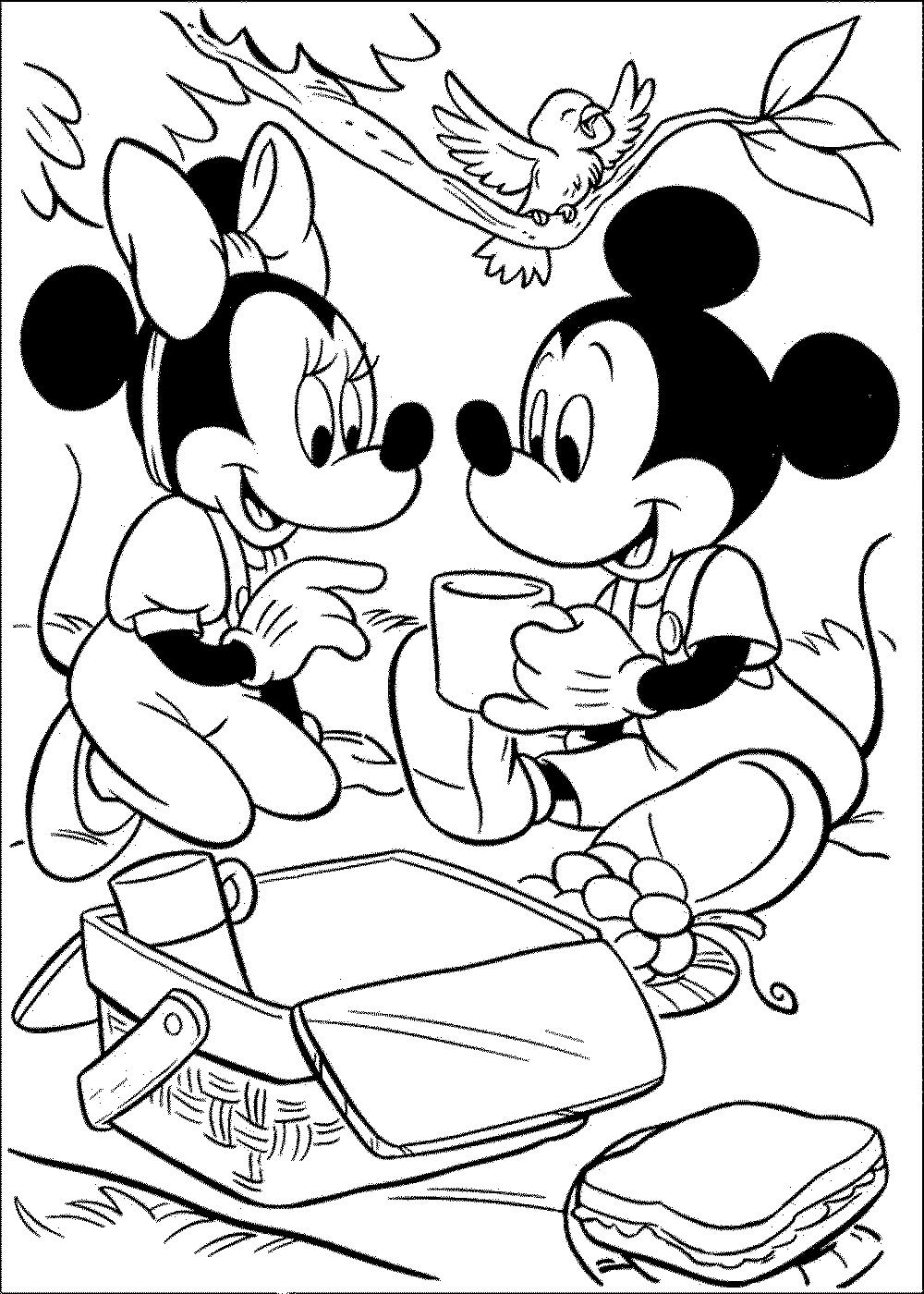 Dibujo de Linda Minnie Mouse y Mickey Mouse en Picnic para Colorear