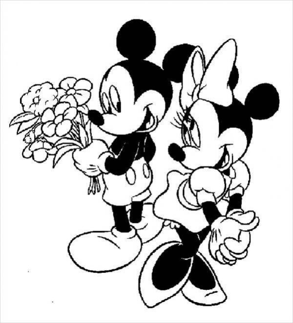 Dibujo de Mickey Mouse Sosteniendo un Ramo de Flores y Minnie Mouse para Colorear