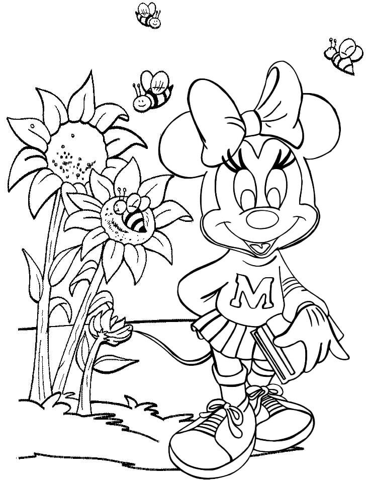 Dibujo de Minnie Mouse con Flor y Abejas para Colorear