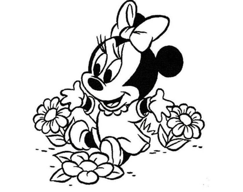 Dibujo de Minnie Mouse con Flores para Colorear
