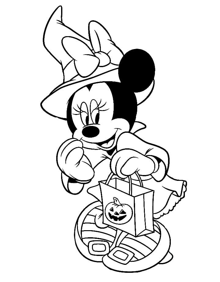 Dibujo de Minnie Mouse con Sombrero de Bruja en Halloween para Colorear