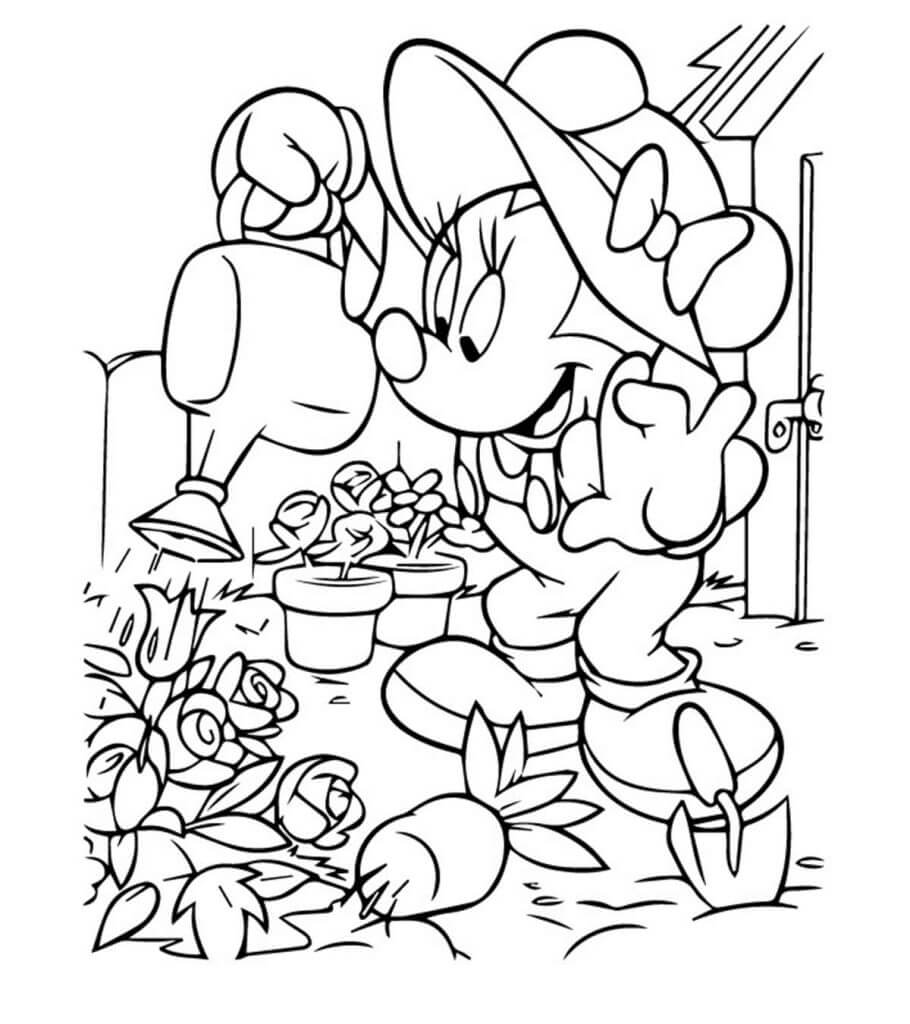 Dibujo de Minnie Mouse Regando las Plantas para Colorear