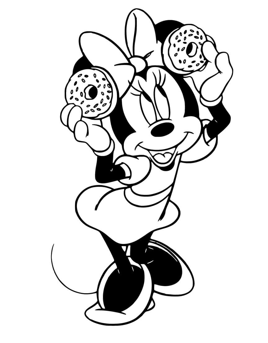 Dibujo de Minnie Mouse Sosteniendo Dos Donuts para Colorear