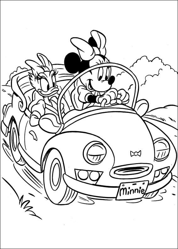 Dibujo de Minnie Mouse y Daisy Duck Conduciendo un Coche para Colorear