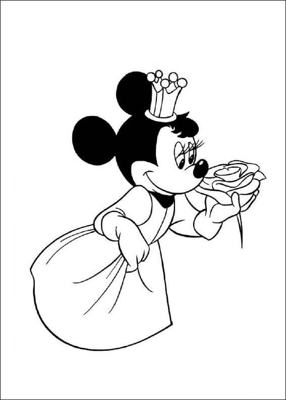 Dibujo de Reina Minnie Mouse Sosteniendo Flor para Colorear