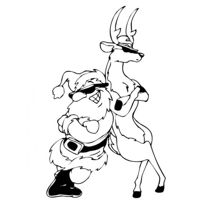 Dibujo de Papa Noel Divertido y Reno para Colorear
