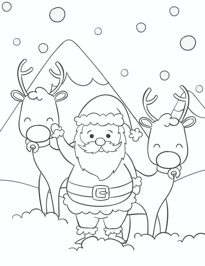 Dibujo de Papa Noel y Dos Renos para Colorear