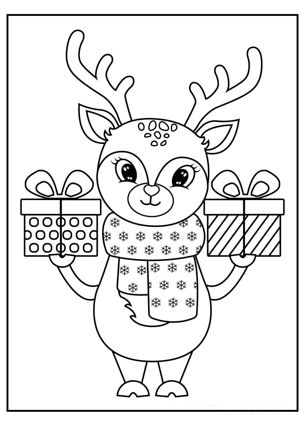 Dibujo de Reno con Dos Cajas de Regalo para Colorear