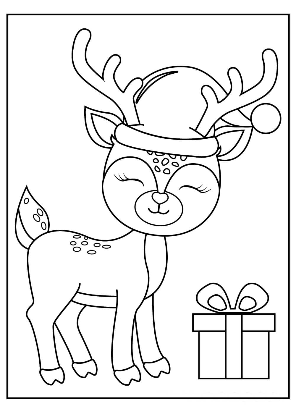 Dibujo de Reno de Navidad y Caja de Regalo para Colorear