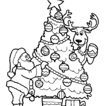 Dibujo de Reno y Santa Claus con árbol de Navidad para Colorear