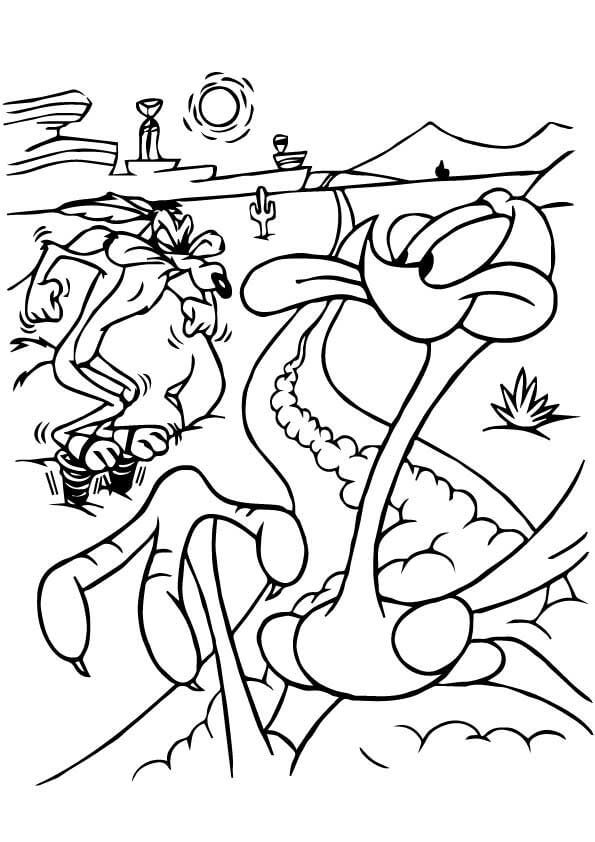 Dibujo de Lobo Divertido Persiguiendo a Road Runner para Colorear