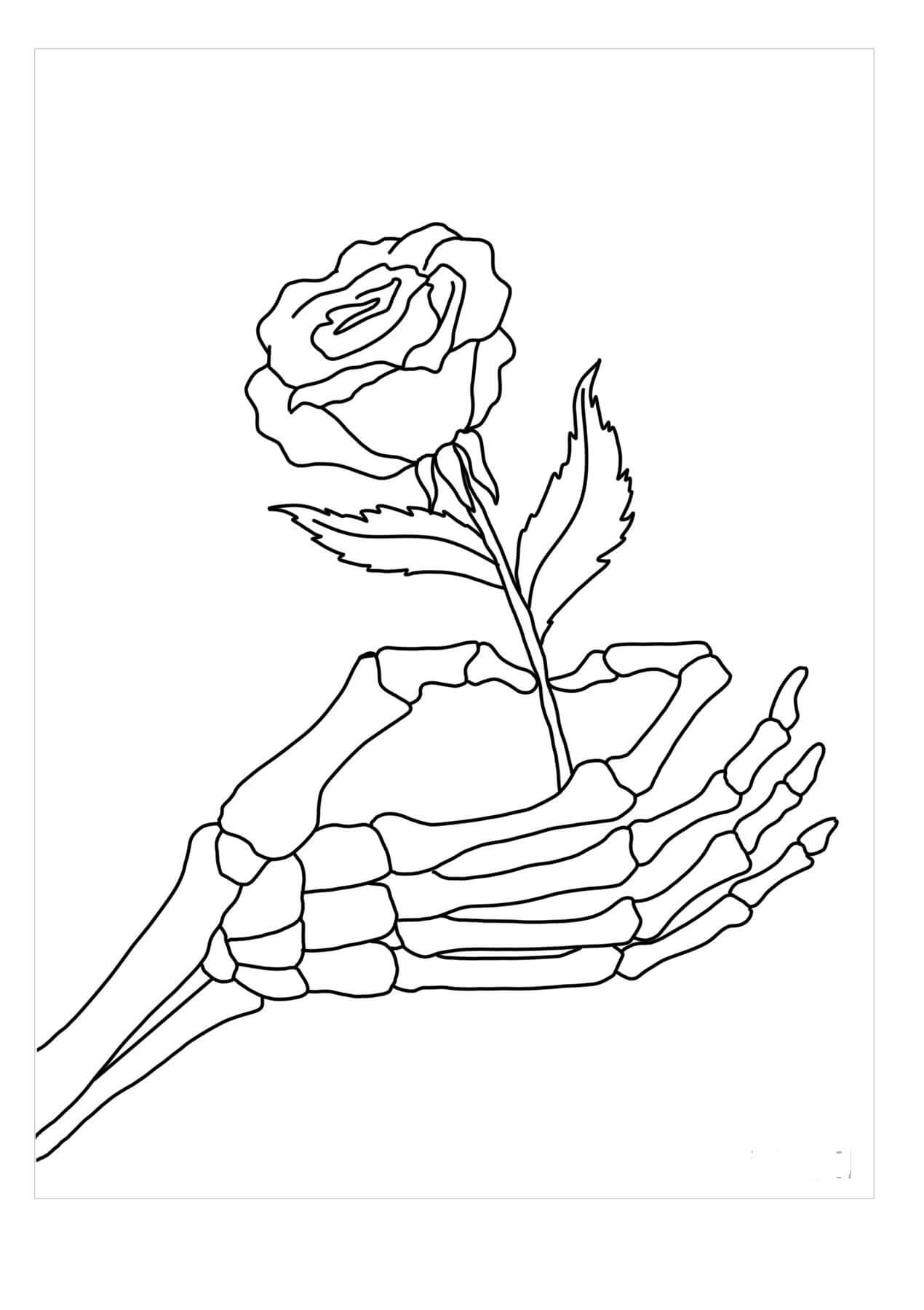 Dibujo de Esqueleto de la Mano Tenencia Rosa para Colorear