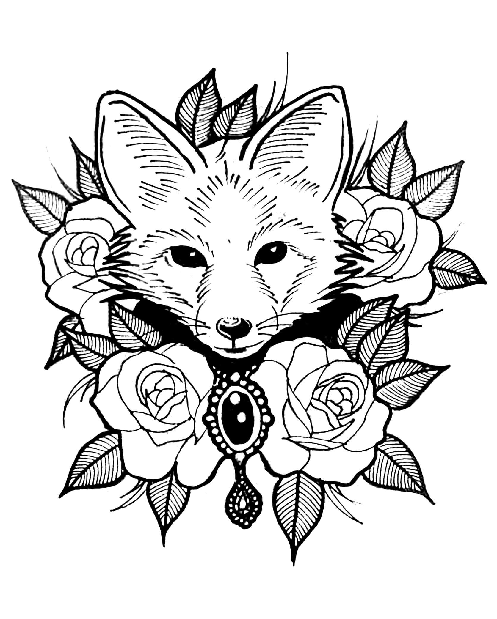 Dibujo de Lindo Zorro con Rosas para Colorear
