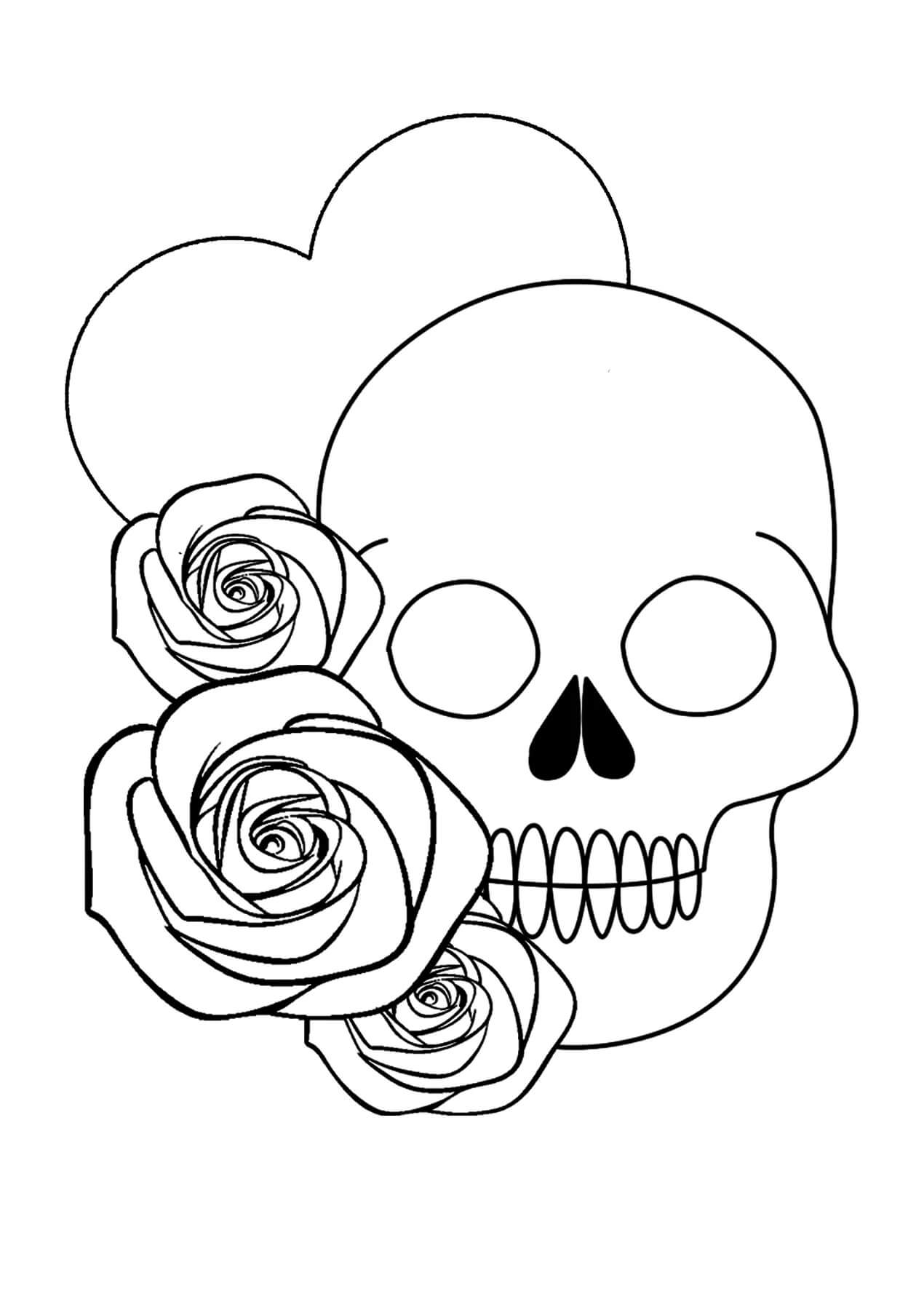 Dibujo de Calavera con corazón y Rosas para Colorear