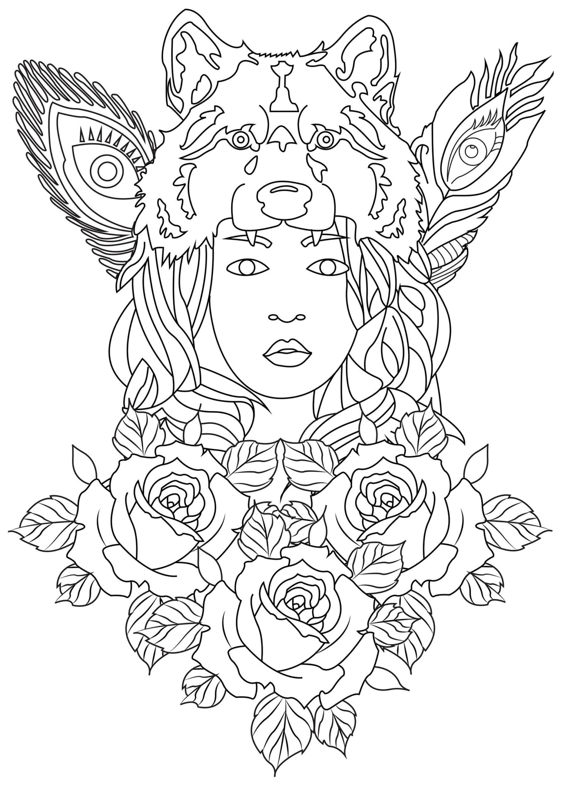 Dibujo de Chica Lobo con Rosas para Colorear