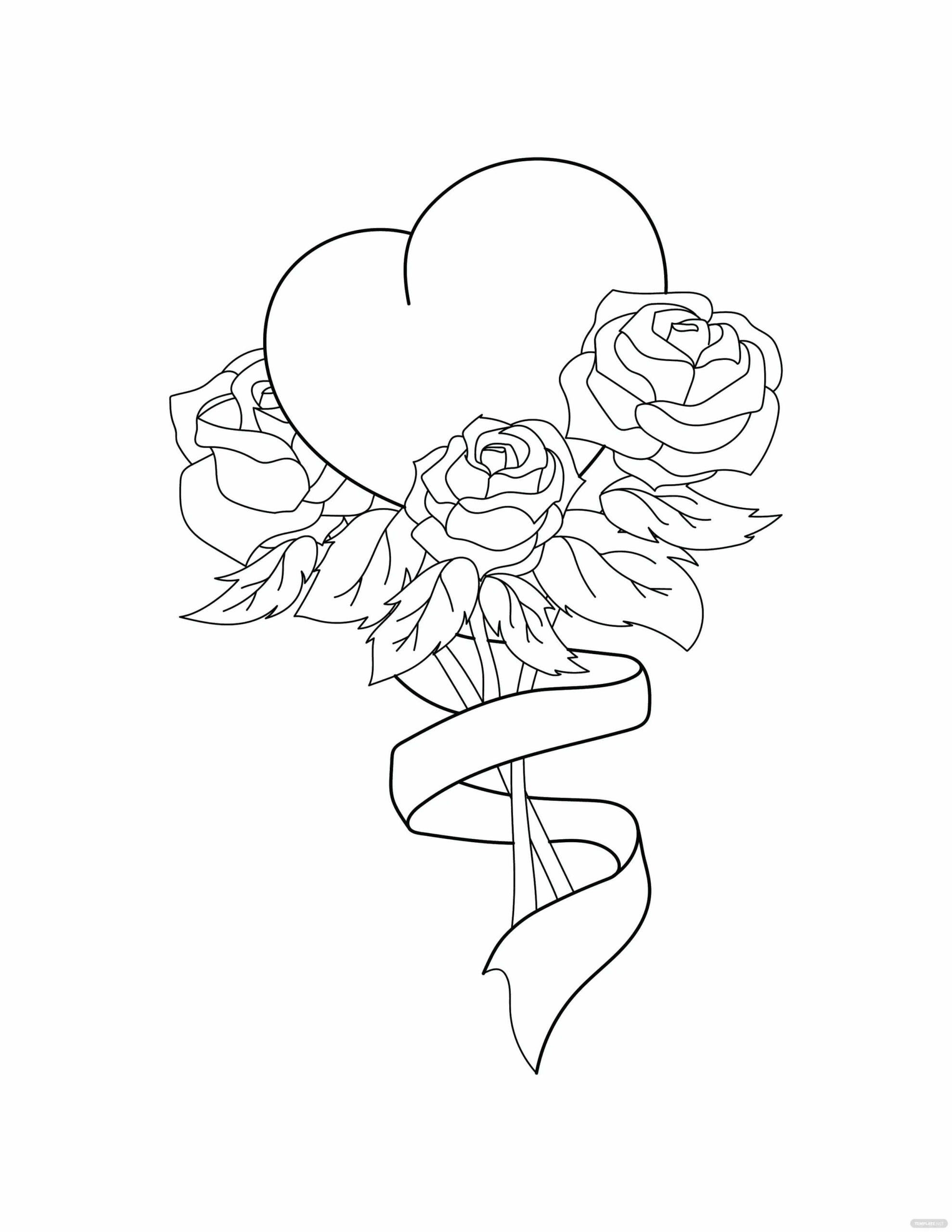 Dibujo de Ramo de Rosas con corazón para Colorear