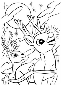 Dibujo de Rudolph y Sus Amigos Miran el Cielo para Colorear