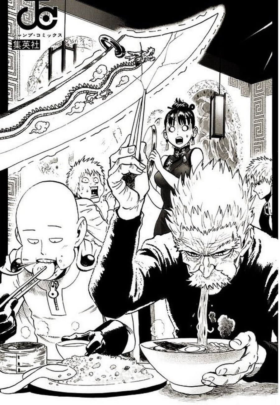 Dibujo de Saitama y Bang Comiendo para Colorear