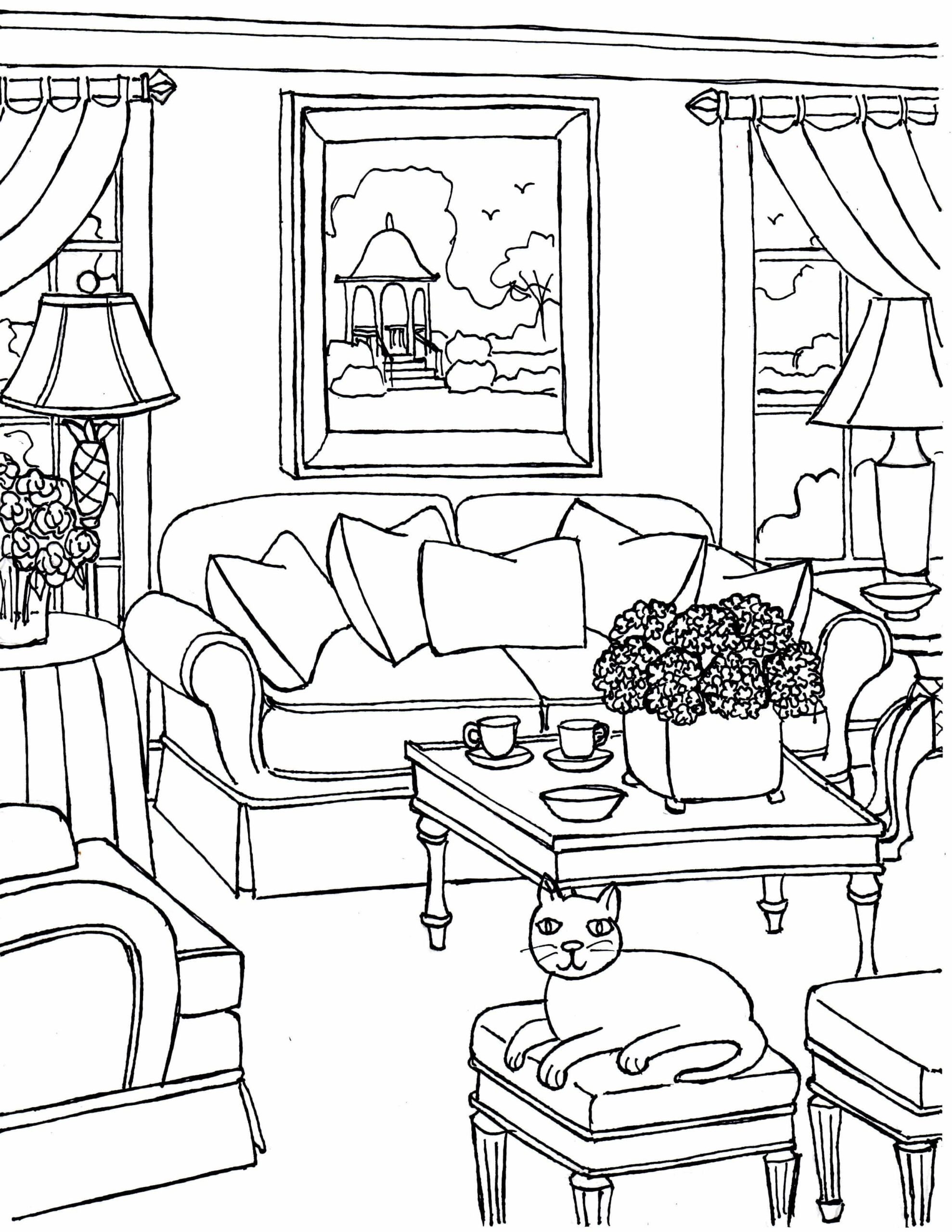 Dibujo de Gato en la Sala de Estar Scaled para Colorear