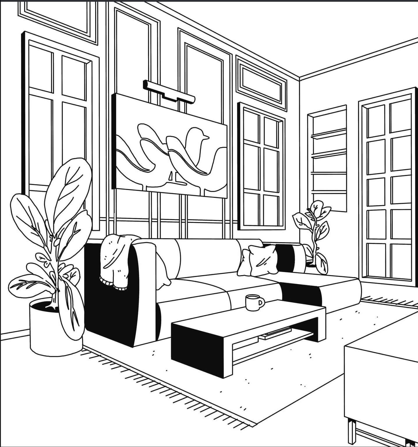 Dibujo de Hermosa Sala de Estar para Colorear