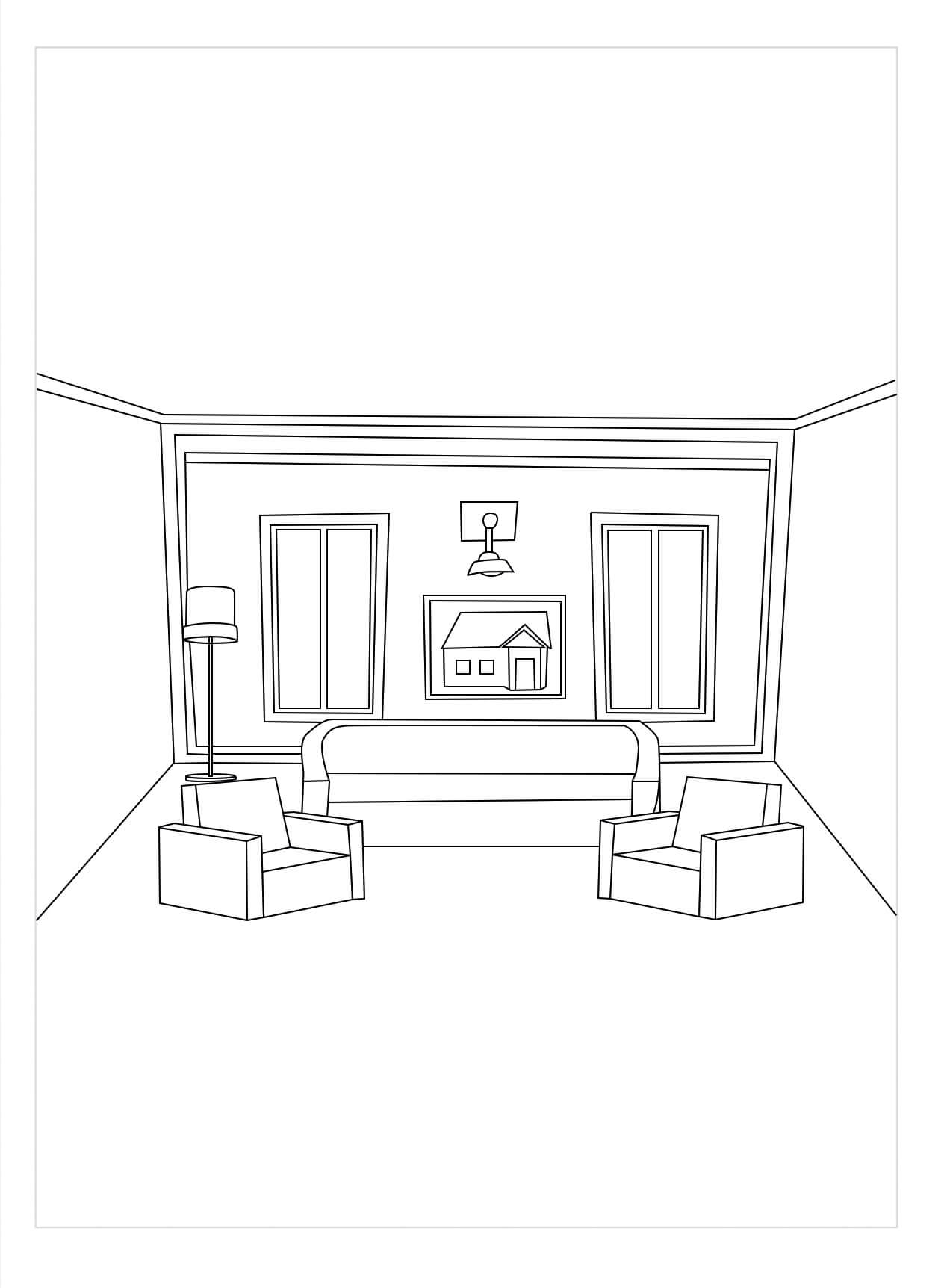 Dibujo de Sala de Estar en Perspectiva para Colorear