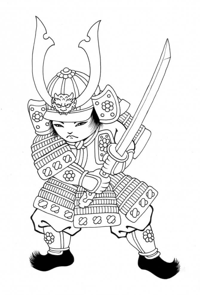 Dibujo de Samurai Chibi con Espada para Colorear