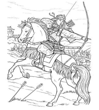 Dibujo de Samurai Sostiene un Arco y Monta un Caballo para Colorear