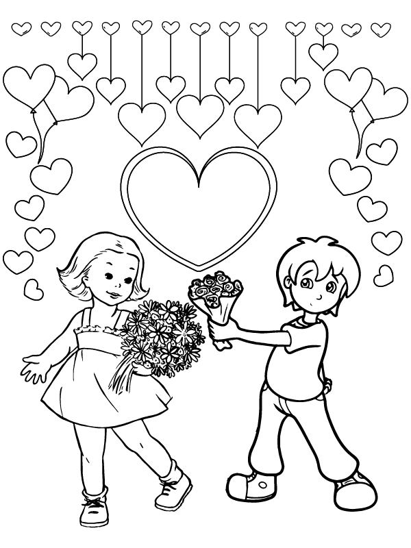 Dibujo de Kids Giving Flowers In Cute Valentines Coloring Pagepng para Colorear