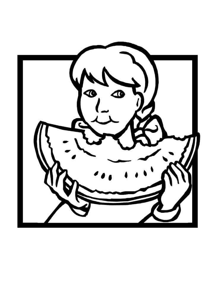 Dibujo de Chica Comiendo sandía para Colorear