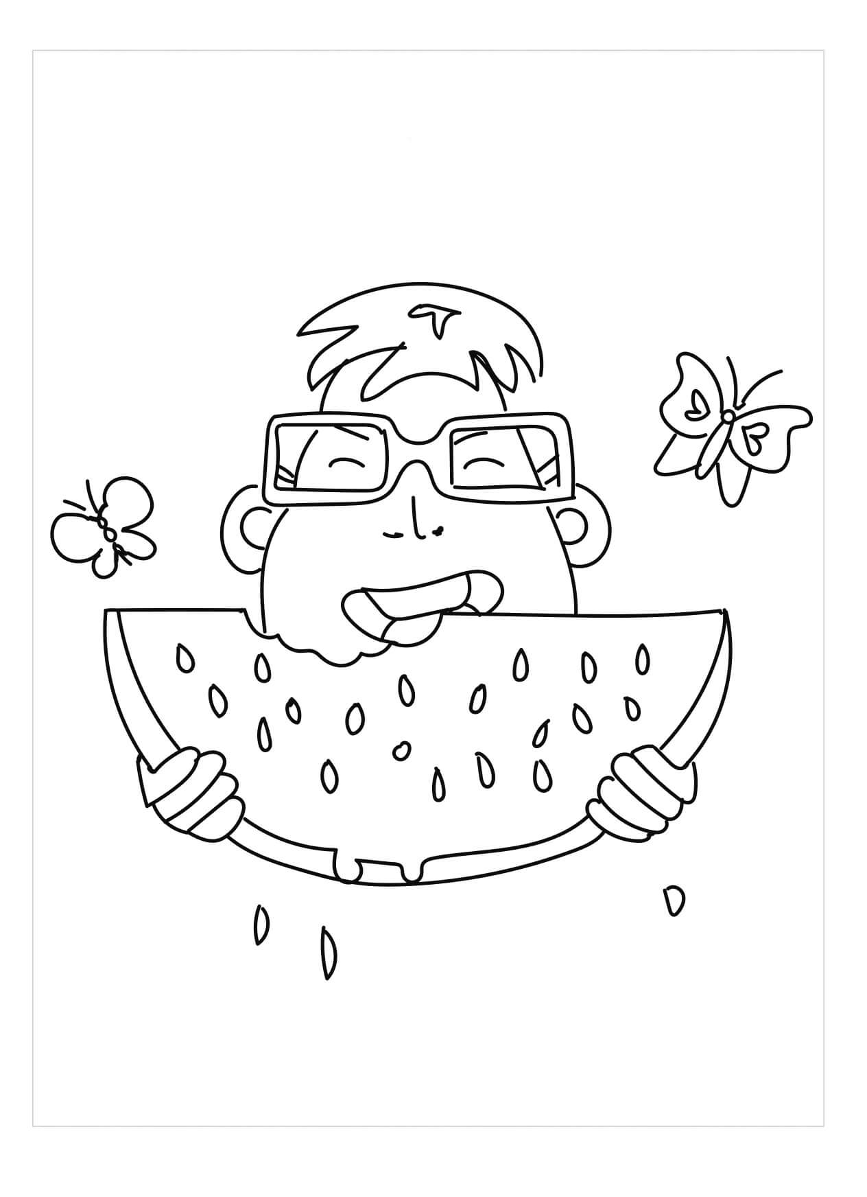 Dibujo de Niño Comiendo sandía con Mariposas para Colorear