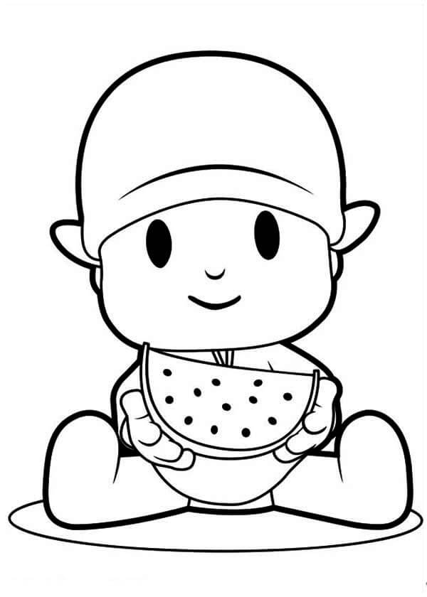 Dibujo de Pocoyó con Rebanada de sandía para Colorear
