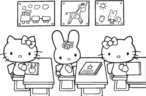 Dibujo de Hello Kitty en Clase para Colorear página para Colorear