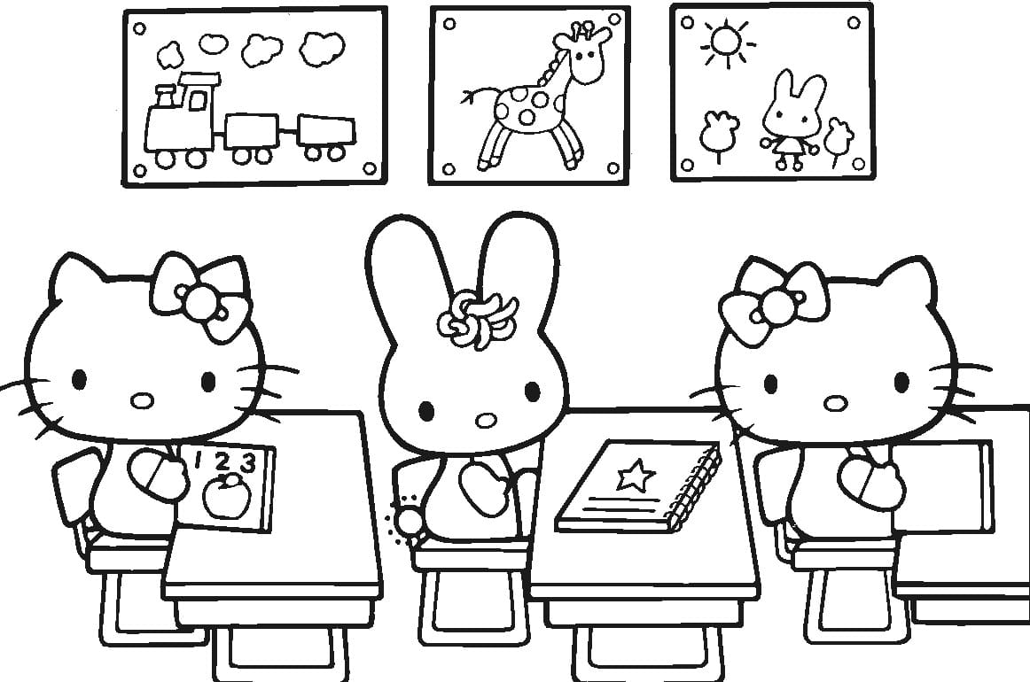Dibujo de Hello Kitty en Clase para Colorear página para Colorear