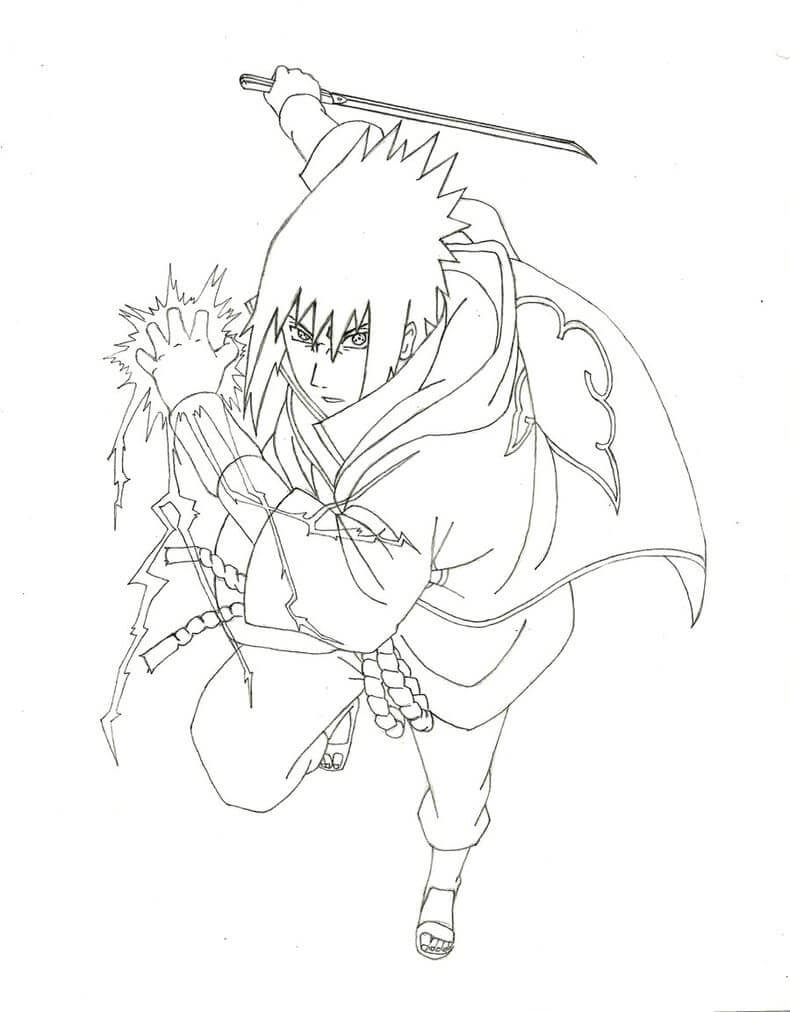 Dibujo de Sasuke con Espada y Chidori para Colorear