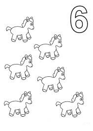 Dibujo de Número Seis y Seis Caballos de Juguete para Colorear