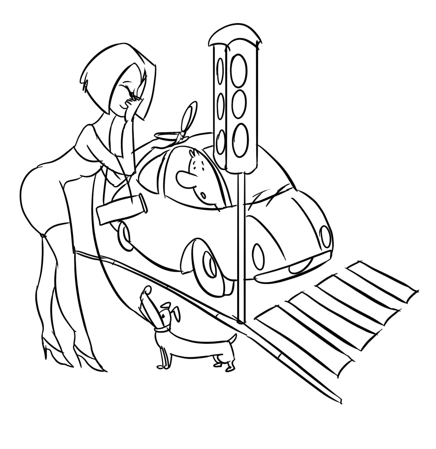 Dibujo de Chica y Coche con Semaforo para Colorear