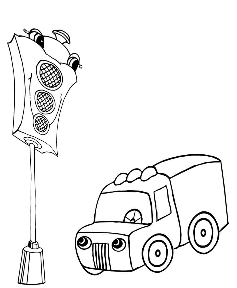 Dibujo de Coche y Semaforo de Dibujos Animados para Colorear